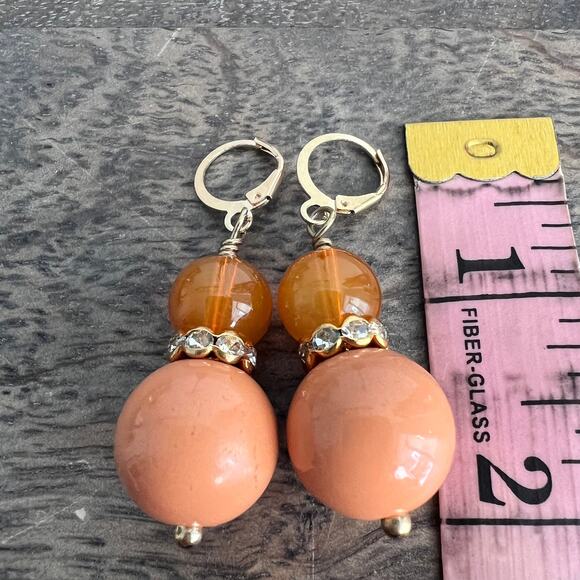 Peach Orange Bauble Beaded Rhinestone Studded Dangle Drop Earrings - Picture 3 of 7